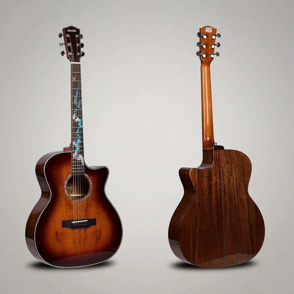 GA Cutaway Acoustic Guitar Sunburst Top Dark Brown Back Blue Vine Inlay Shell Binding 6 Strings for Beginners, Great Practice
