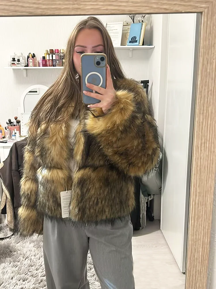 ZADORIN Woman Fashion Faux Raccoon Fur Coat Luxury Short Warm Fur