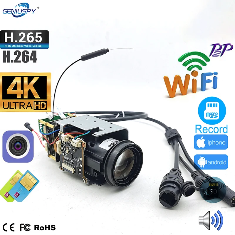 Camhi Wifi Mini 18X Auto Focus IMX415 8MP 4K ZOOM RTSP IP Camera Module Support Humanoid SD Card Slot P2P Audio