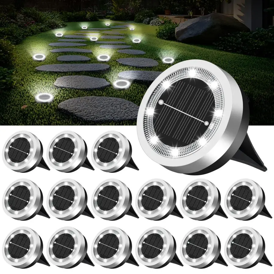 

Solar Ground Lights 16 Pack Outdoor IP65 Waterproof Solar Flat Garden Light Solor Powered Disc Pathway Lights for Outside Walkwa