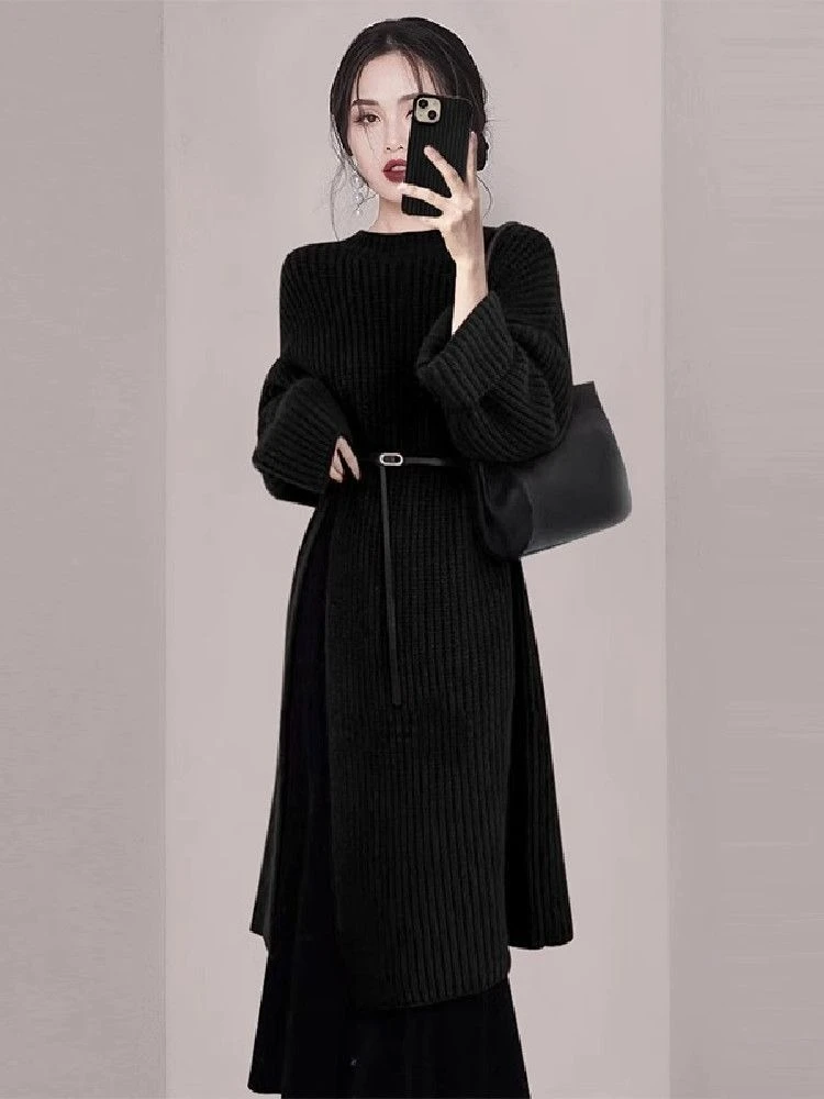 Women Elegant Red Knit Dress Autumn Winter Long Sleeve Midi Over Knee Casual Solid Warm Sweater Dress - view 2