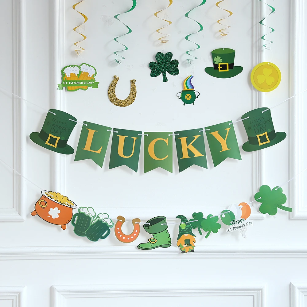 Saint Patrick's Day Decor Green Lucky Banner Clover Flag Sticker Spiral Pendant St. Patrick’s Day  Party Hanging Decoration