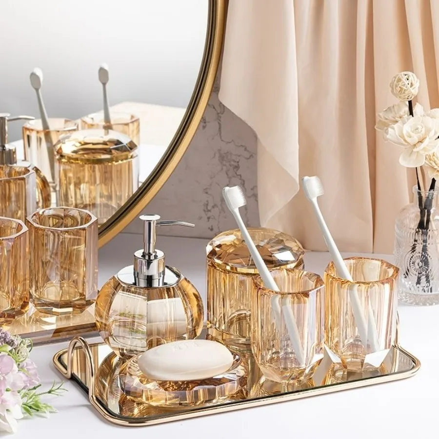 

Crystal Glass Bathroom Accessories Set Bath Accessory Soap Lotion Dispenser Toothbrush Holder Tumbler Soap Dish with Tray