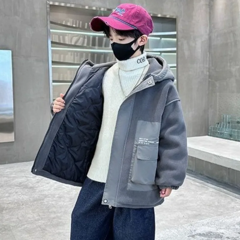 

Осенне-зимнее пальто для мальчиков, новинка 2025 года, стильная зимняя хлопковая куртка для больших детей, бархатная теплая стильная куртка Oli