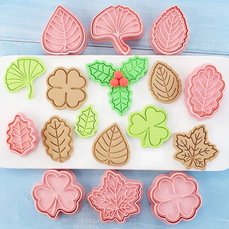 Cartoon Christmas Holly Leaf Cookie Mold Plant Leaf/Maple Leaf/Clover/Tropical Leaf/Ivy Biscuit Cutting Die New Year Baking Mold