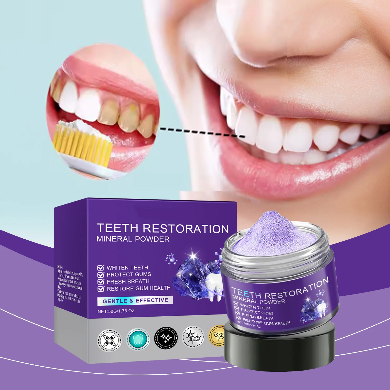 Purple Teeth Restoration Mineral Powder Brightening Whitening Enamel-Safe Toothpaste Powder Strengthen Teeth Tartar Repair Gums