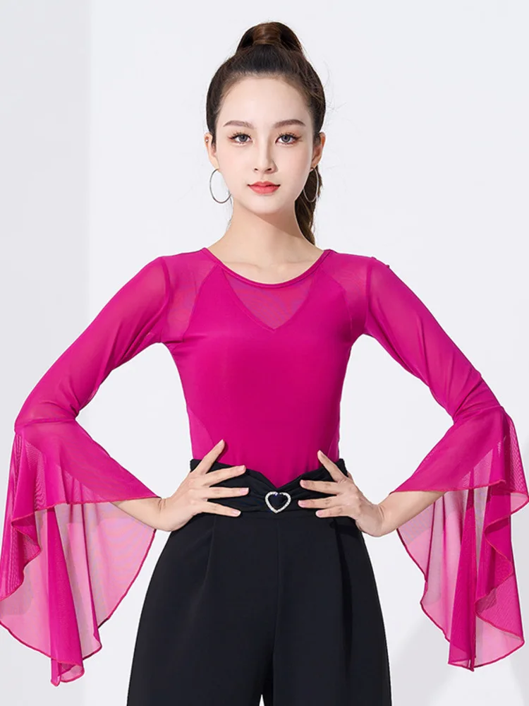 Solid Color Latin Dance Practice Modern Tops Ballroom Girl Jazz Mesh Competition Costume Line Women Classical Rompers 2024 New