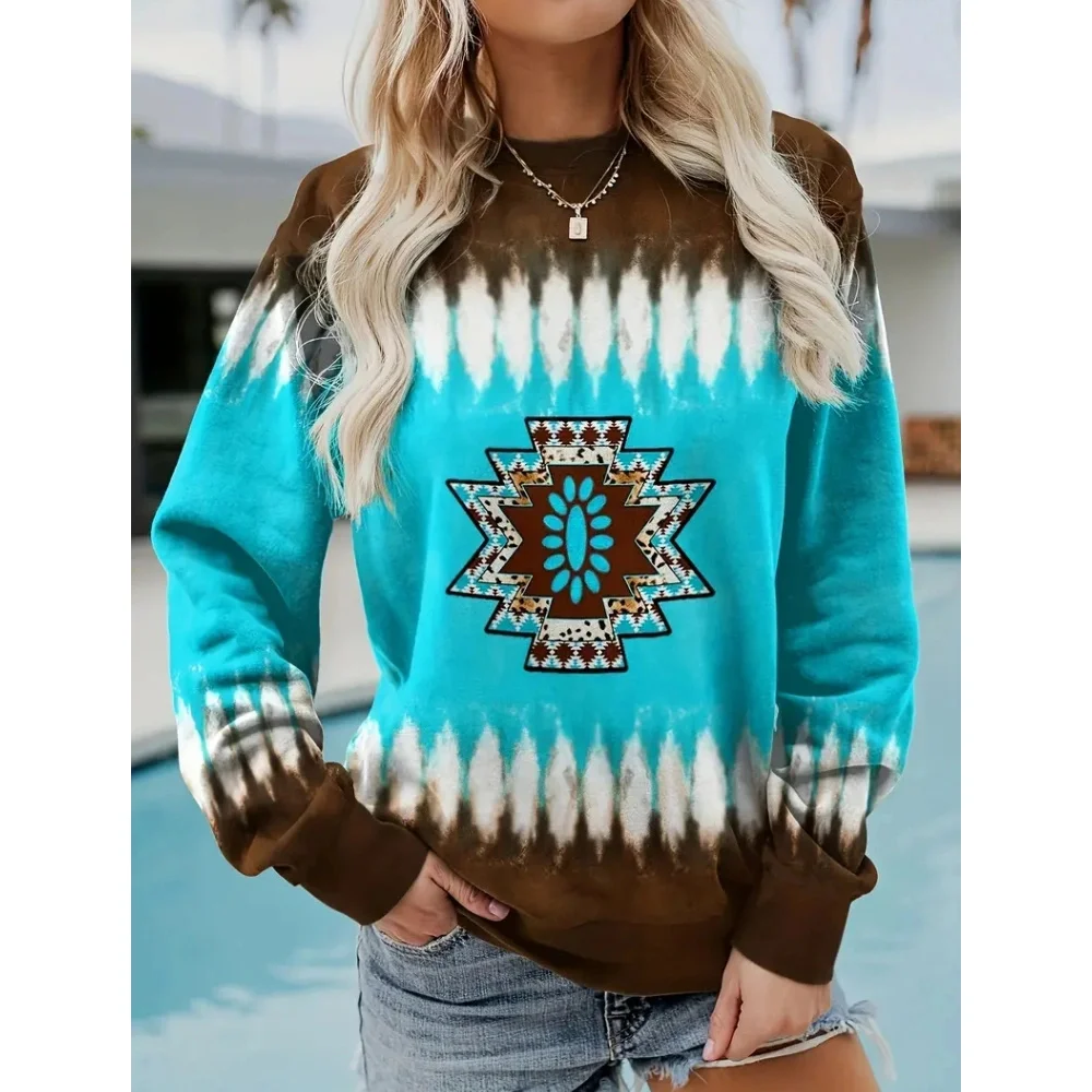 Bohemian Women\'s Autumn And Winter Round Neck Long Sleeved Fashions Retro Color Blocked Printed Sweatshirt 2024 New Casual Top