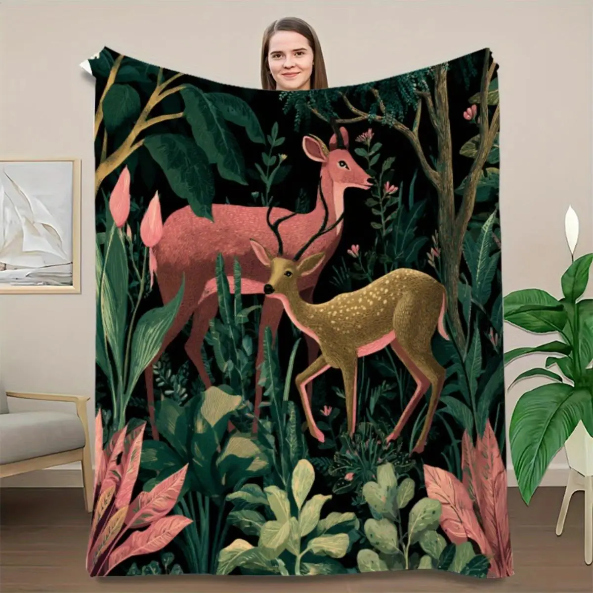 

1 шт. фланелевое одеяло с дизайном «Лес оленя» — мягкое, прочное, всесезонное, легкое, яркое, зеленое и розовое, Nature-Insp