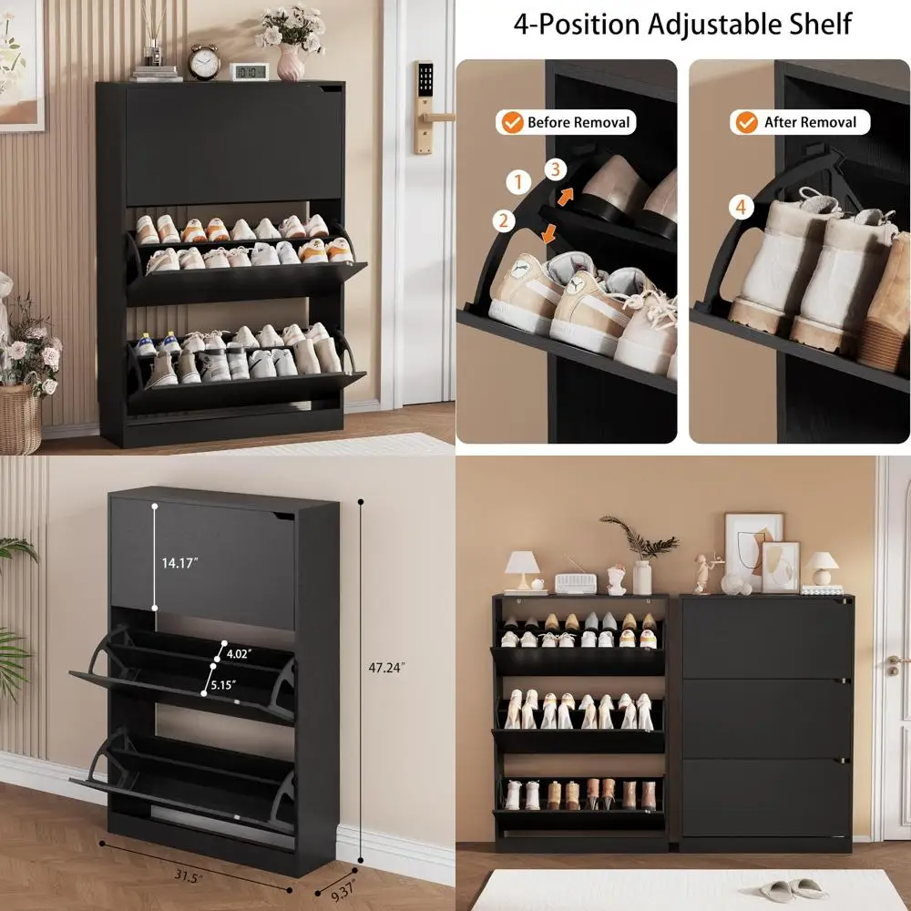 Wooden Shoe Storage Cabinet with 3 Adjustable Drawers for Entryway - Freestanding Narrow Shoe Organizer Rack