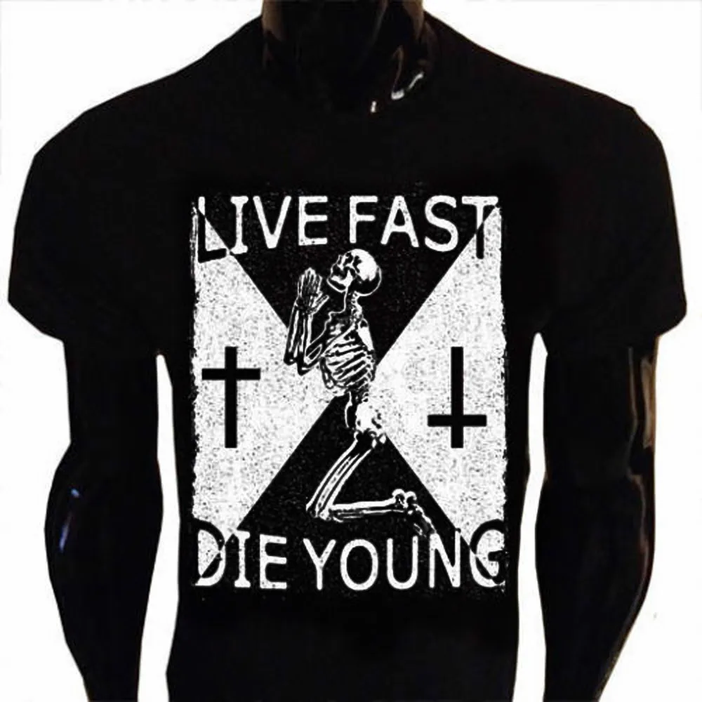 Vivo rápido Die Young. Camiseta gótica Skeleton Pray Cross Rock Punk 100% algodón cuello redondo manga corta Casual para hombre talla S-3XL