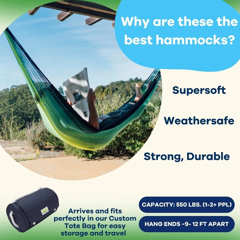 Hammock by Yellow Leaf Hammocks - Family Size,  Easy to Hang, Ultra Soft, Artisan Made   Color: Neon Blue Turquoise