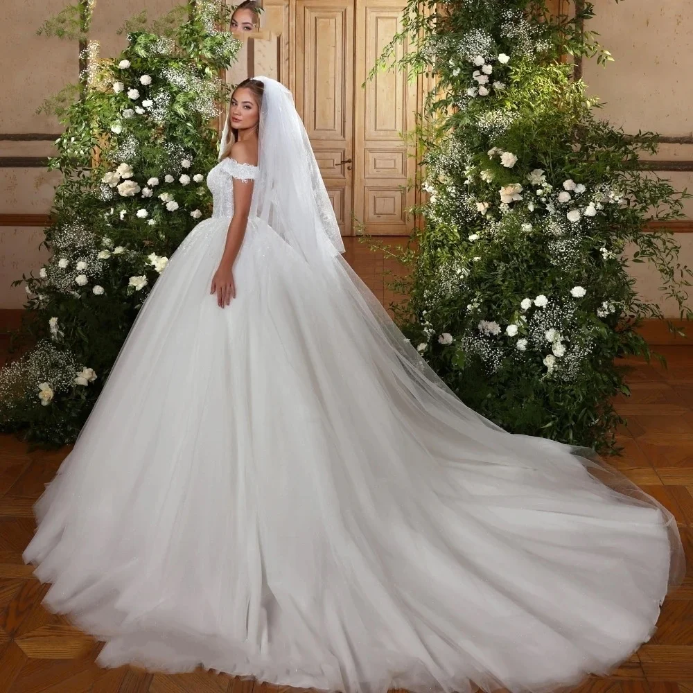 

Ball Gown Wedding Dresses for Woman Bride Customized Deep V Neck Off The Shoulder Sequined Applique Court Train Bridal Dresses