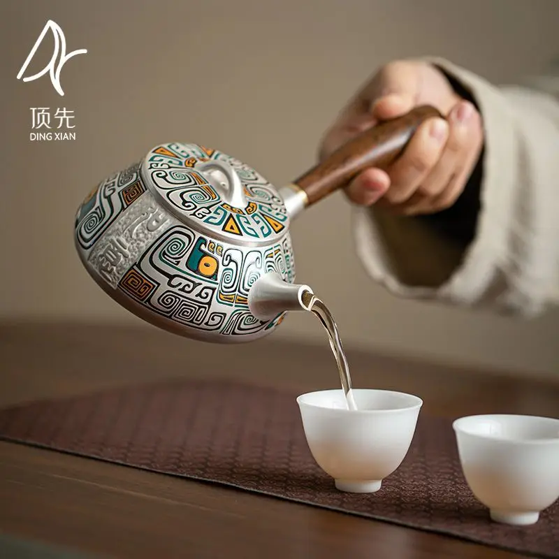 

999 Pure Silver Japanese Style Side Handle Teapot Gongdao Cup Kung Fu Set Gold-Plated Health-Preserving Anti-Scald Tea Brewing