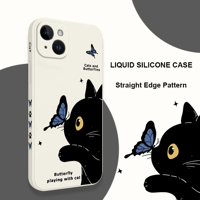 Cat Butterfly Phone Case For iPhone 16 15 14 13 12 11 X XR XS Plus Pro Max Mini Silicone Cover