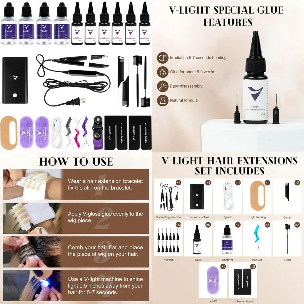 

Набор для наращивания волос с УФ-клеем и средством для снятия (черный набор)