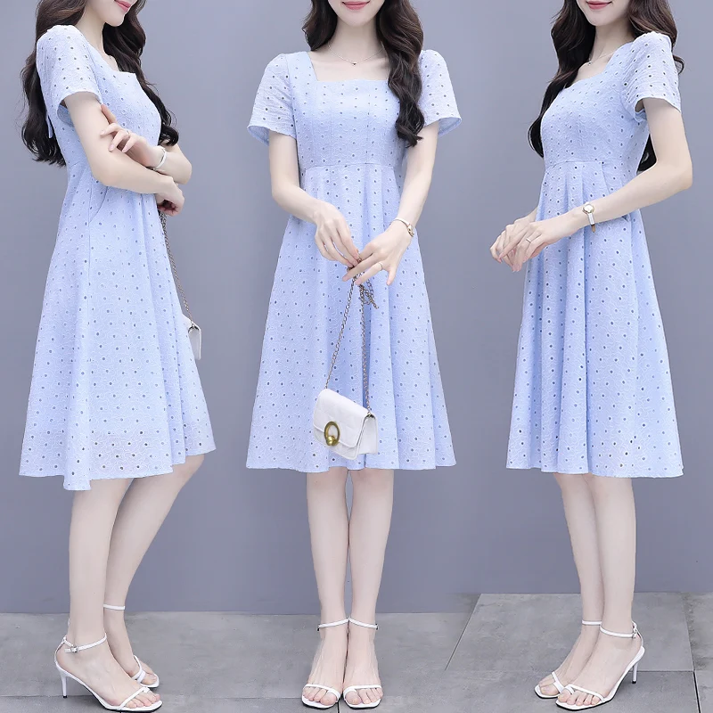 Yanling Summer Embroidered Waist Slimming High Waist Square Collar Sweet Short Sleeve Mid-Length Dress