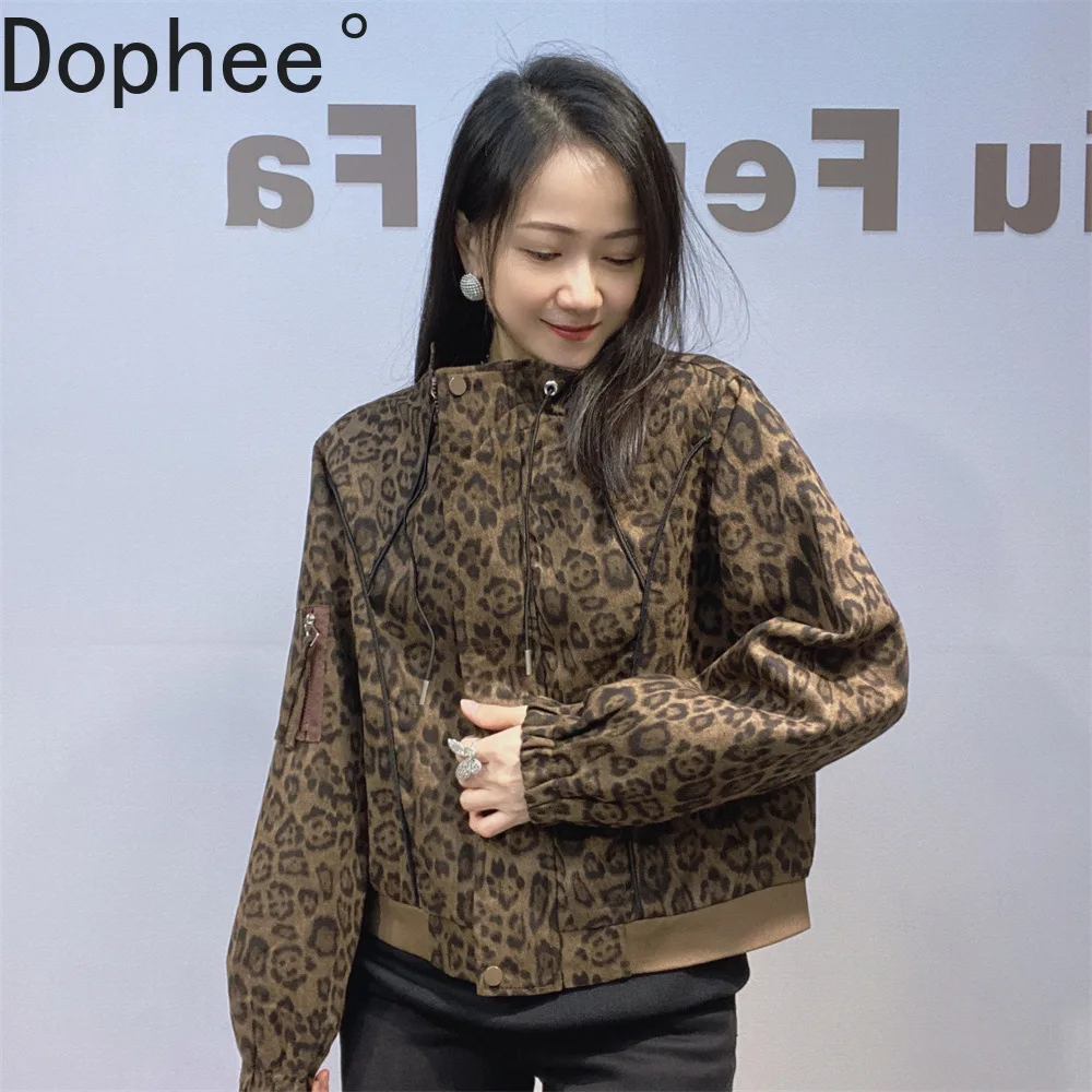

2025 New Autumn Fashion Stand Collar Motorcycle Jacket Leopard Zip Cardigans Coat Handsome Diamonds Women Suede Outerwear