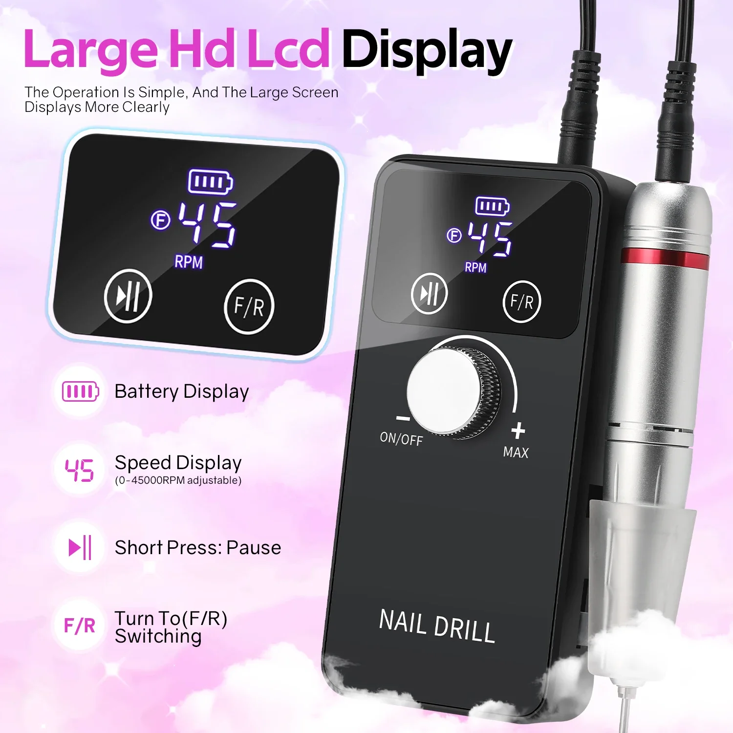 45000RPM Electric Nail Drill Machine Rechargeable Milling Cutter Professional Portable Nail Sander for Manicure Gel Remover Tool