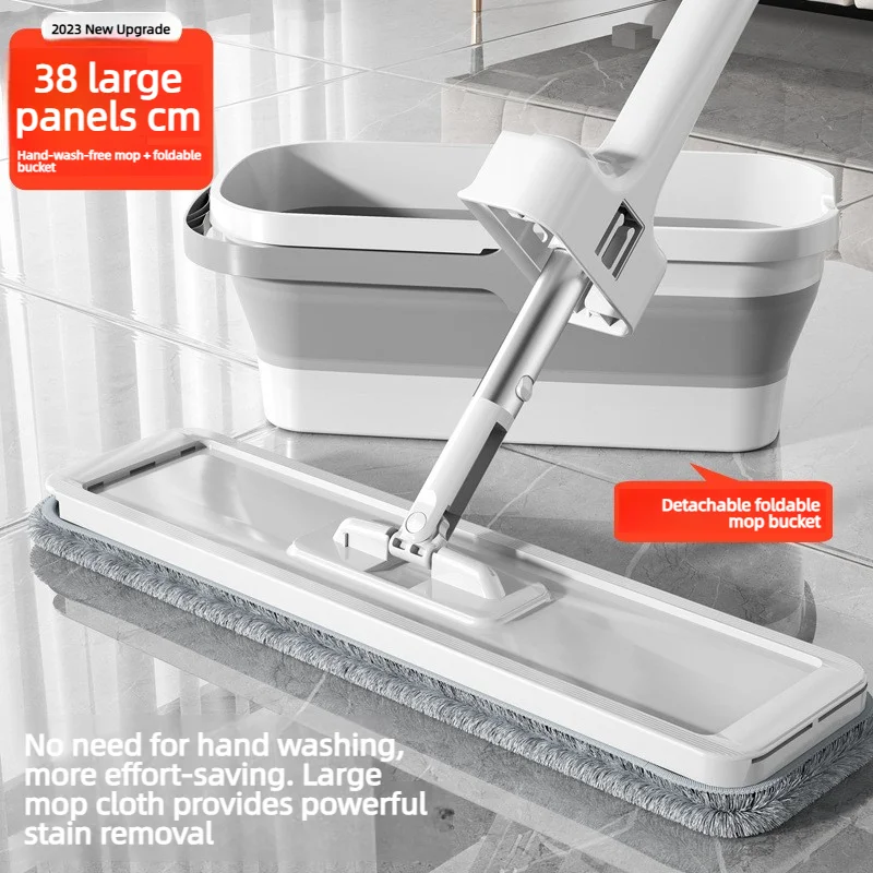Self Wringing Flat Mop 38cm Microfiber Floor Mop With Collapsible Bucket For Tile Hardwood Household Cleaning