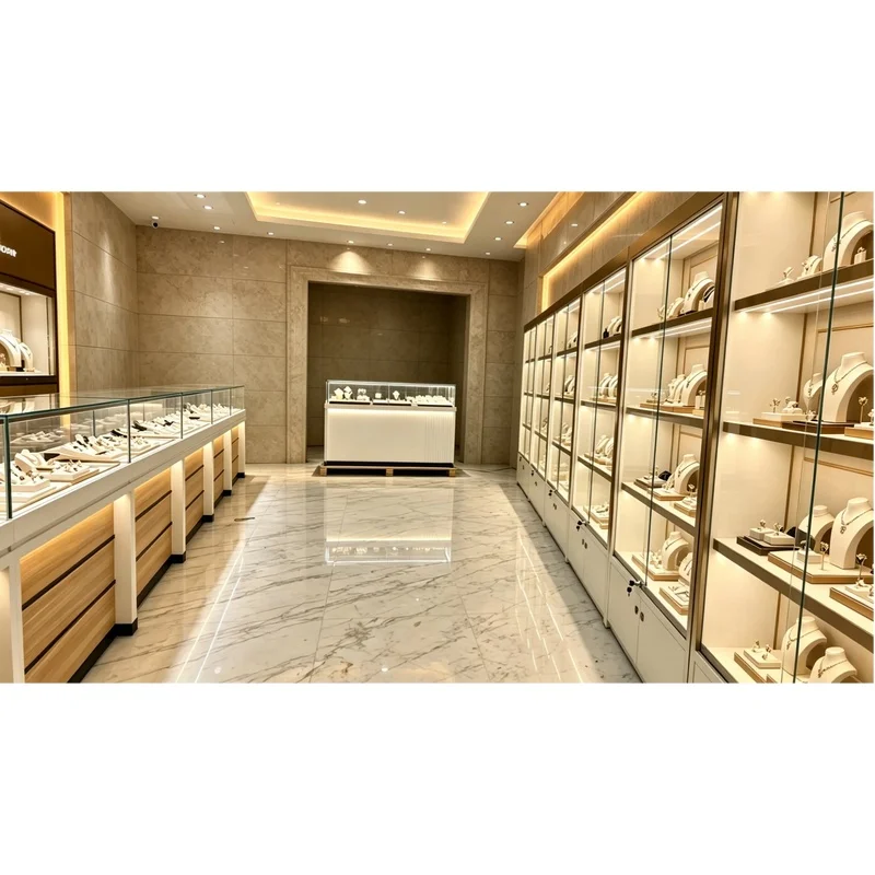 custom.Modern White & Wood Grain LED Lighting Eco-Friendly Jewelry Display Counter Set Mall Retail Boutiques