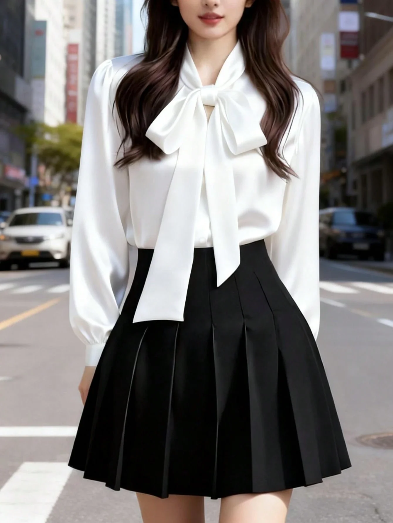 

Женская атласная белая блузка с длинным рукавом и воротником-бантом, элегантная офисная повседневная рубашка