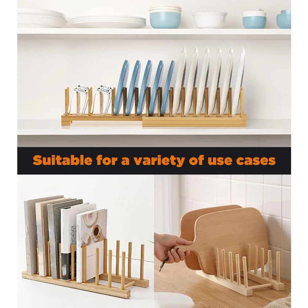 Conjunto de 2 cremalheiras de secagem de prato de bambu, organizador de placa ajustável para armário, economia de espaço para pratos, tigelas, copos, tampas de pote e corte