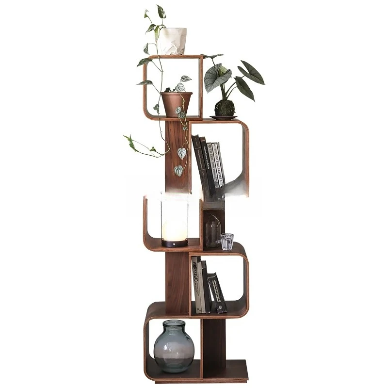 

Nordic medieval retro walnut curved wood multi-grid record display shelf bookshelf