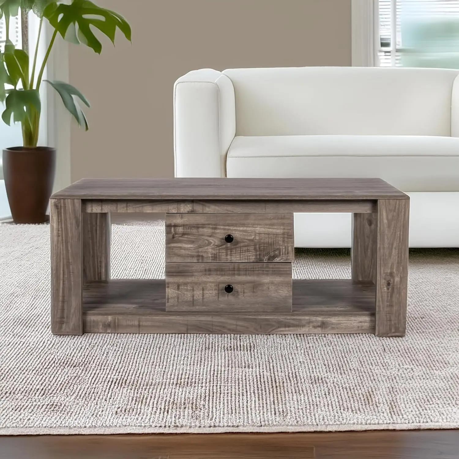 Mesa de centro rectangular de madera para sala de estar, moderna, con almacenamiento, 2 cajones, color gris