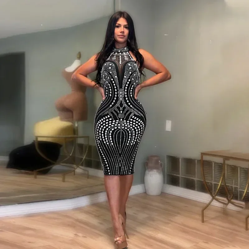 GUWU Halter Hot Strass Bodycon Minikleid Herbst Winter Frauen Diamanten Sexy Rückenfrei Party Club Abend Geburtstag Kleider