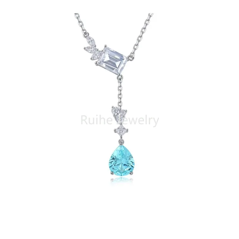 

Ruihe 925 Silver Pendant Necklace for Women 2.57ct Lab Grown Paraiba Gmestone Simulated Diamond Zirconia Fine Jewelry for Gift