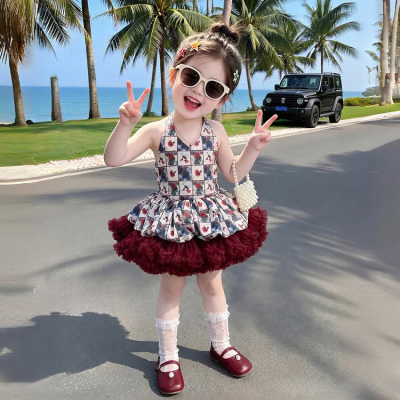 Summer children's tutu dress foreign princess style baby girl mesh neck sweet printed dress