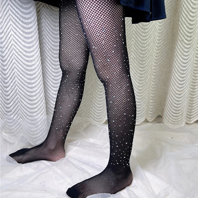 Kids Toddler Girls Fishnet Tights Glitter Rhinestone Pantyhose Hollow Out Stockings