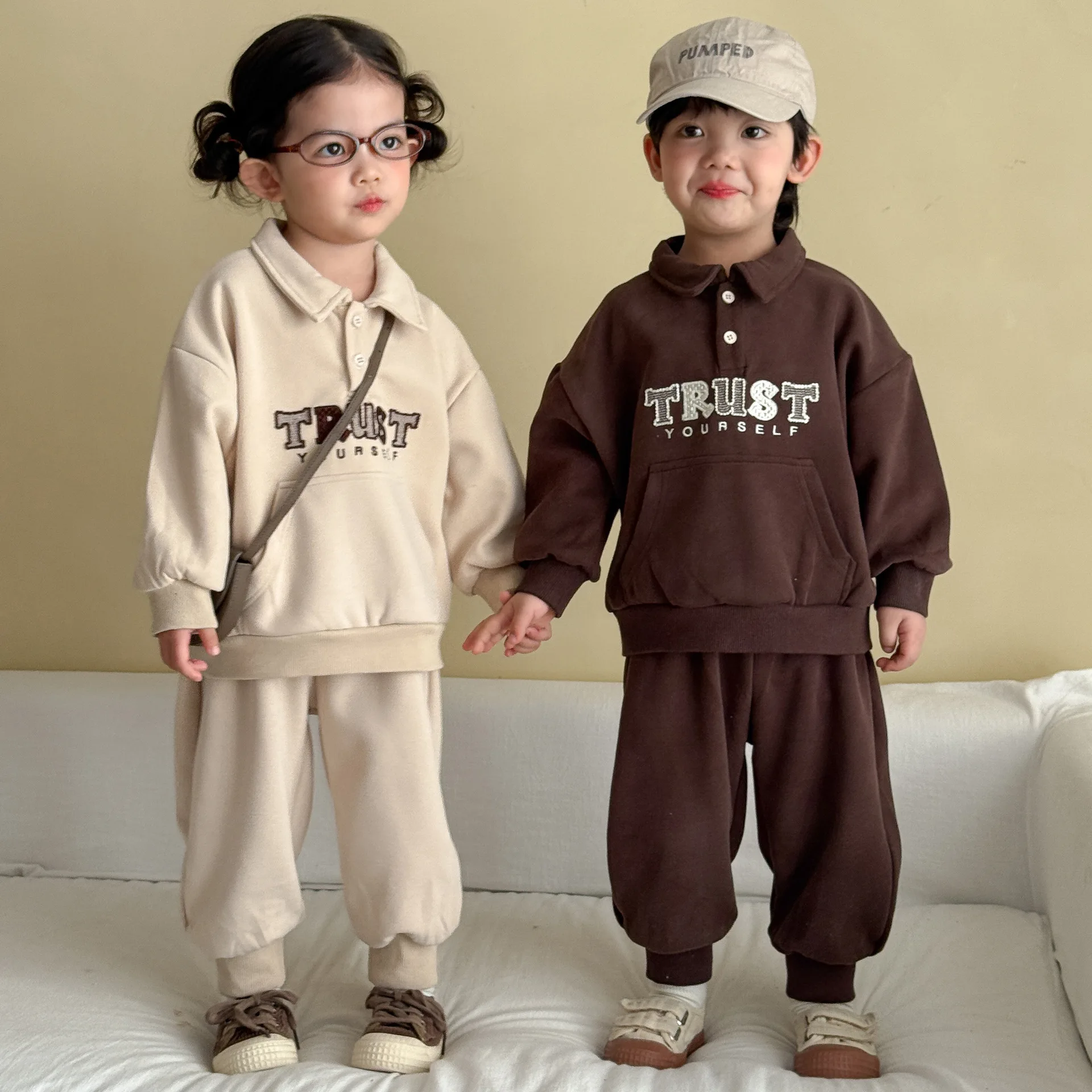 2026 Autumn New Children Long Sleeve Clothes Set Girls Letter Print Lapel Sweatshirt Set Kids Boys Casual Sweat Pants Suit