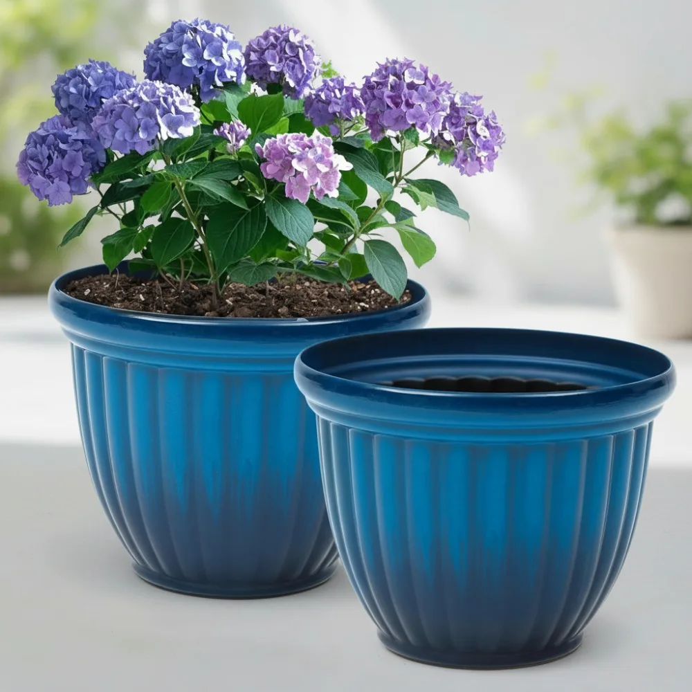 

15" Large Outdoor Flower Pots Set of 2, Gradient Blue Plastic Planters with 3D Texture, Weather-Resistant for Garden Patio