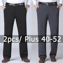 2pcs Big Size Men's Business Pants Plus Size 40-52 Elastic Waist Straight Suit Pants Formal Work Long Pants Casual Trousers