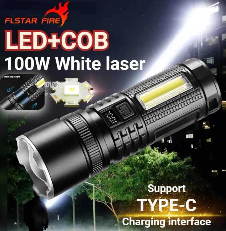 LED+COB Multifunctional Strong Light Flashlight Digital Display USB Outdoor Fishing Camping Charging Torch Telescopic Zoom Light