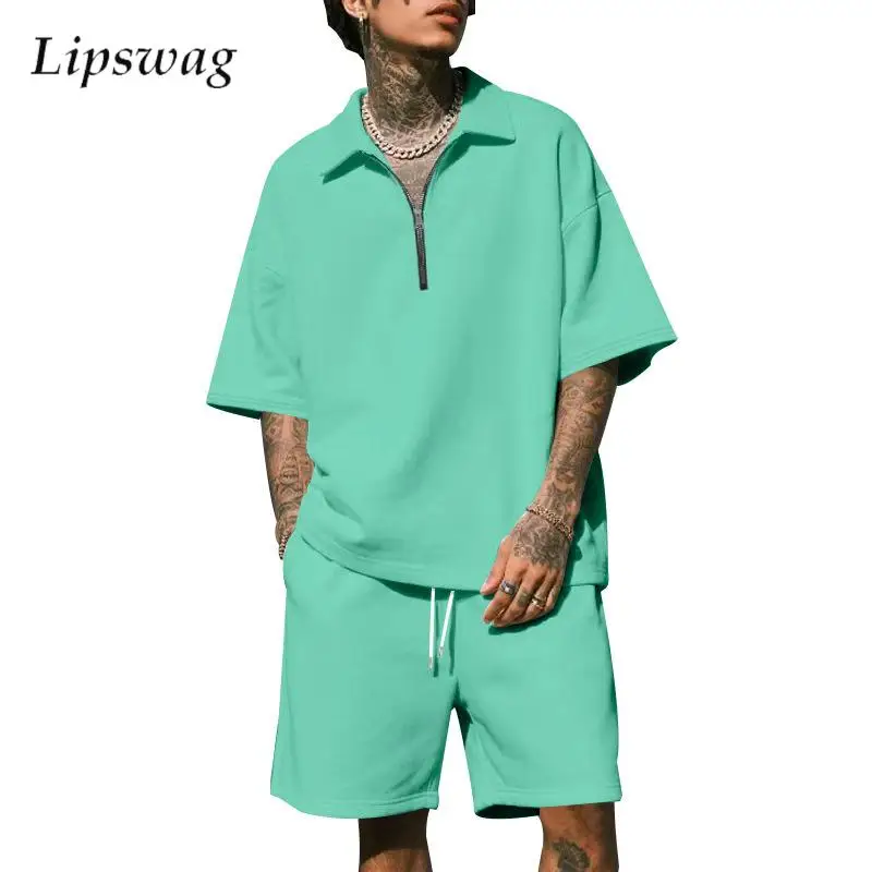 

Vintage Men's Outfits Short Sleeve Zip-up Lapel Polo Shirt And Shorts Two Pieces Suits Men 2025 Summer New Casual Loose Sets Man