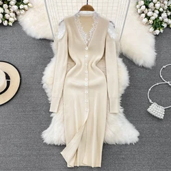 Women Sexy Lace Hollow Split V Neck Dress Elegant Long Sleeve Bodycon Knit Off Shoulder Vestido Autumn Slim Pencil Sweater Dress