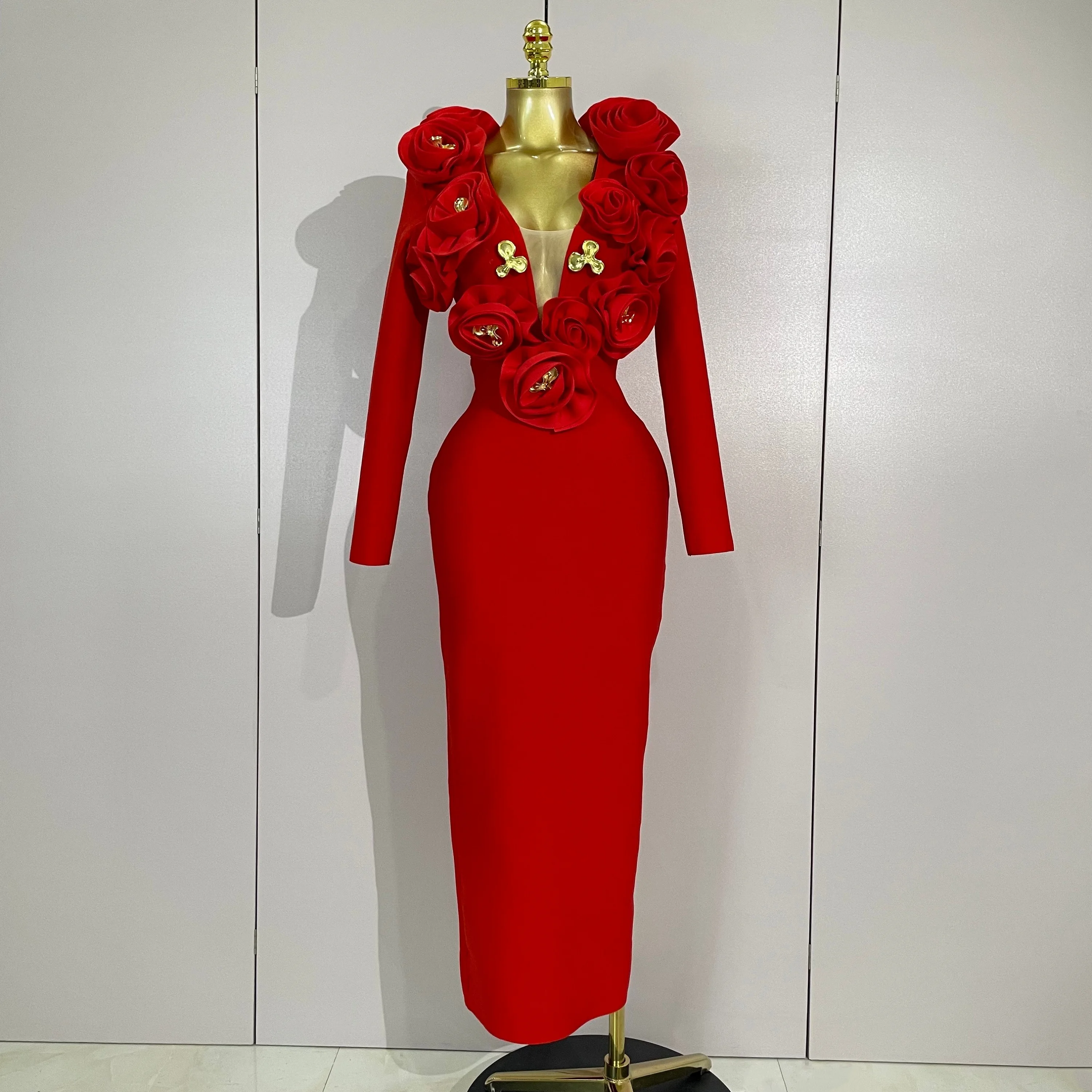 أزياء أنيقة ثلاثية الأبعاد زهرة طويلة الأكمام Bodycon ضمادة فستان المرأة المشاهير نادي الحفلات الفاخرة فستان الزفاف عيد ميلاد Vestidos