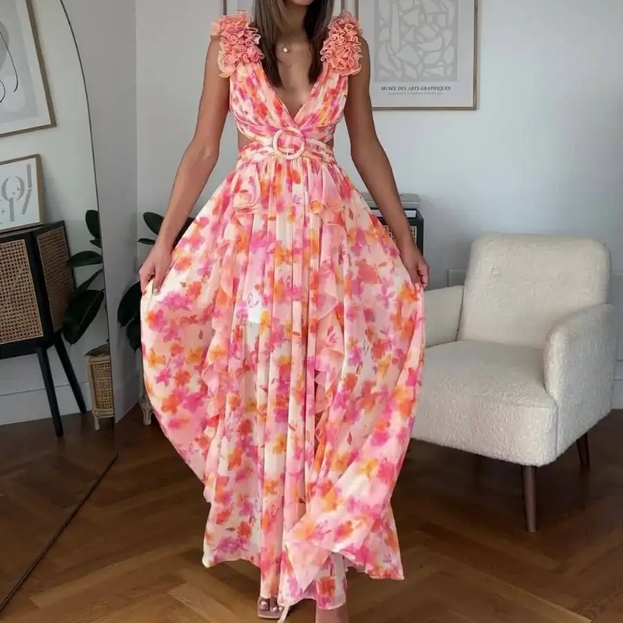 2025 Sexy Printing Deep V Neck Pleated Dress for Women Fashion Casua Lace-up Party Gowns Holiday Beach Backless Long Dresses New