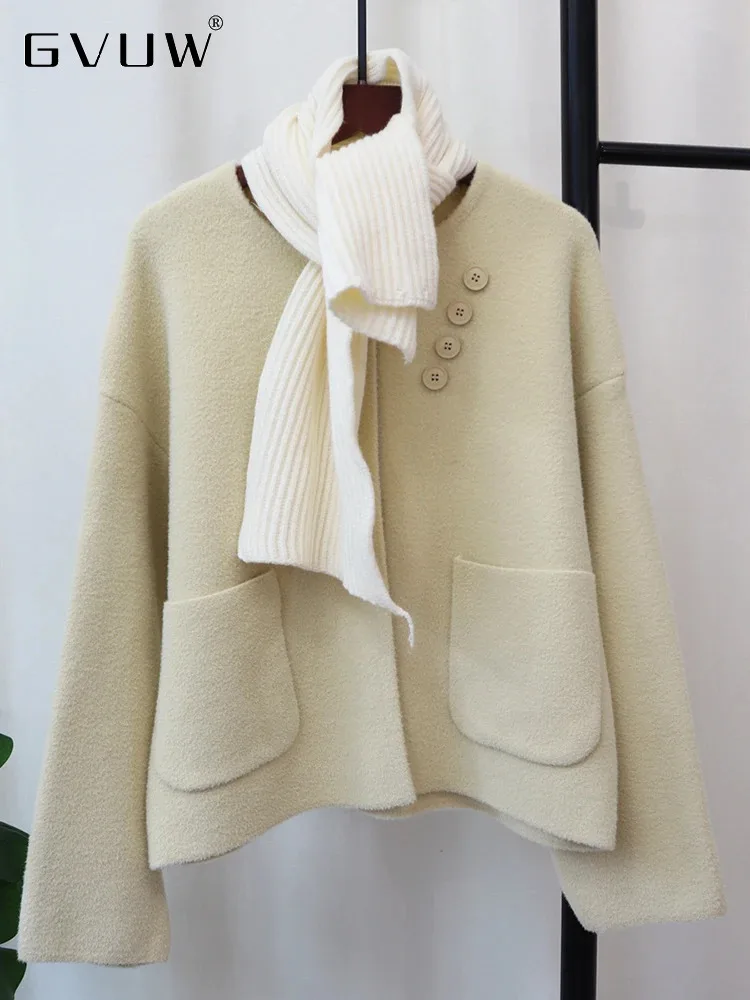 

GVUW Scarf Collar Woolen Coat Women Buttons Full Sleeve Single Breasted New 2024 Solid Color Pockets Female Clothing 17G7957