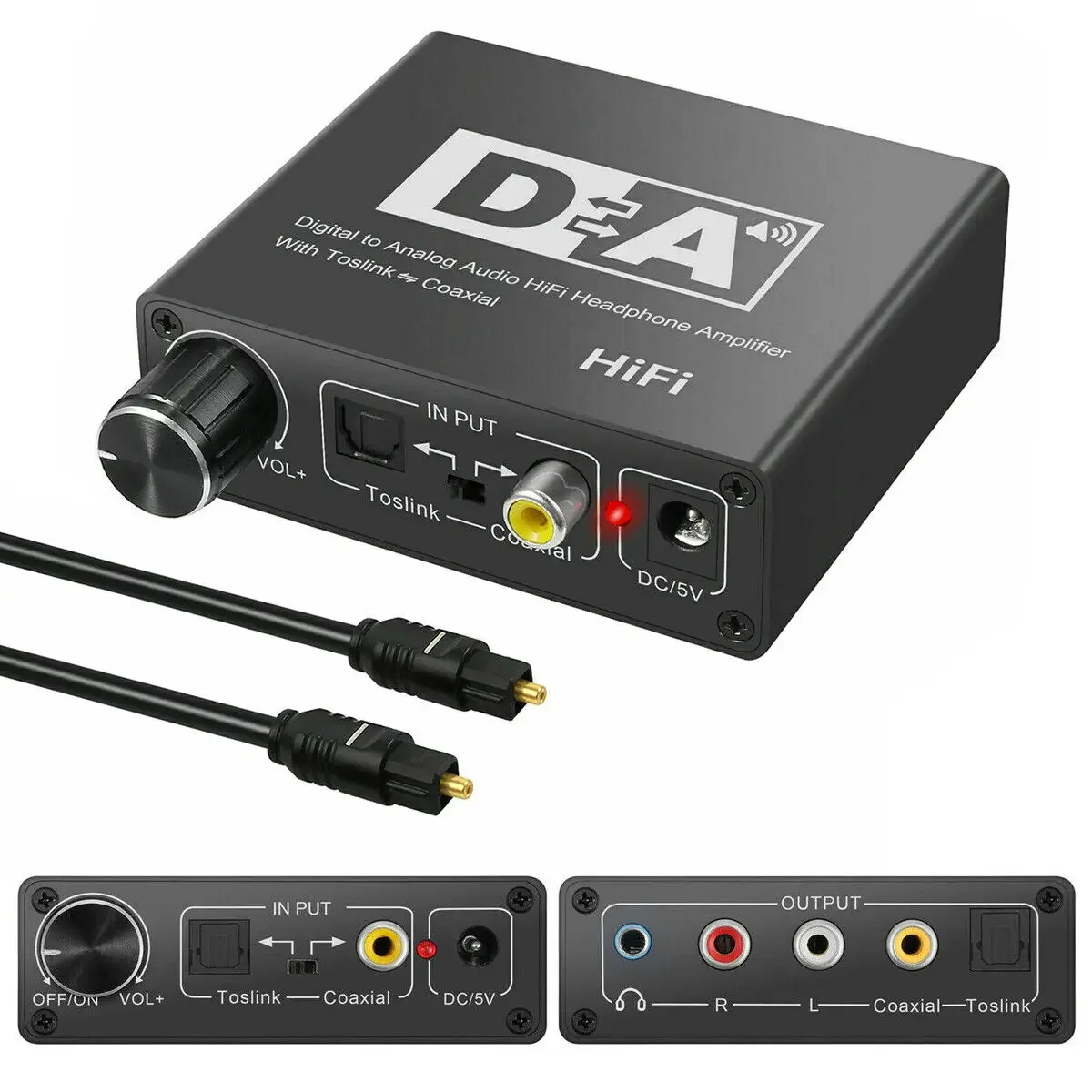 HIFI Digital To Analog Audio Converter Decoder 32-192KHz DAC Amp 3.5mm AUX 2RCA Amplifier Audio Toslink Optical Coaxial Output