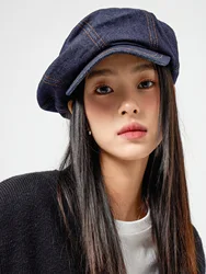 Cowboy Jean Beret Female Cotton Cap Autumn Vintage Octagon Denim Painter's Hat Korean Version 2023 Causal Berets Type Caps Women