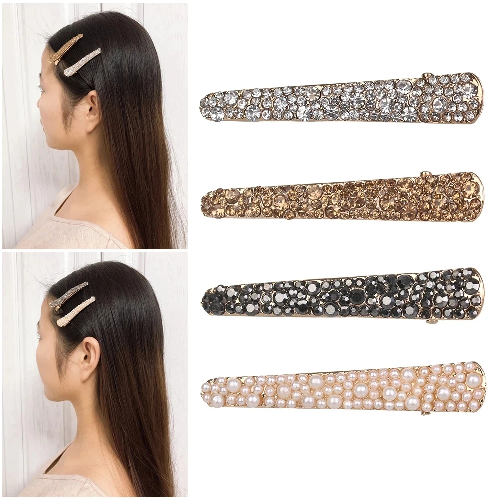 1pc Fashion Shiny Crystal Hair Clips 4 Colors Elegant Women Pearl Bangs Side Clip Girls Metal Barrette Hair Styling Tools