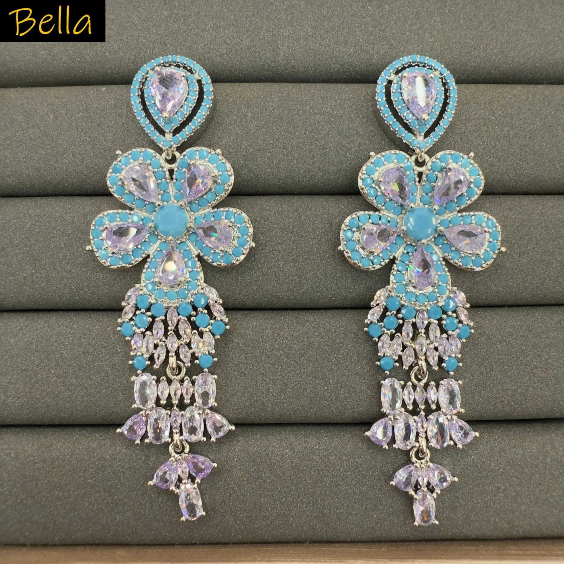 

luxury large earrings for women wedding party gala event shiny long dangling earrings flower pendant yellow white blue zircon