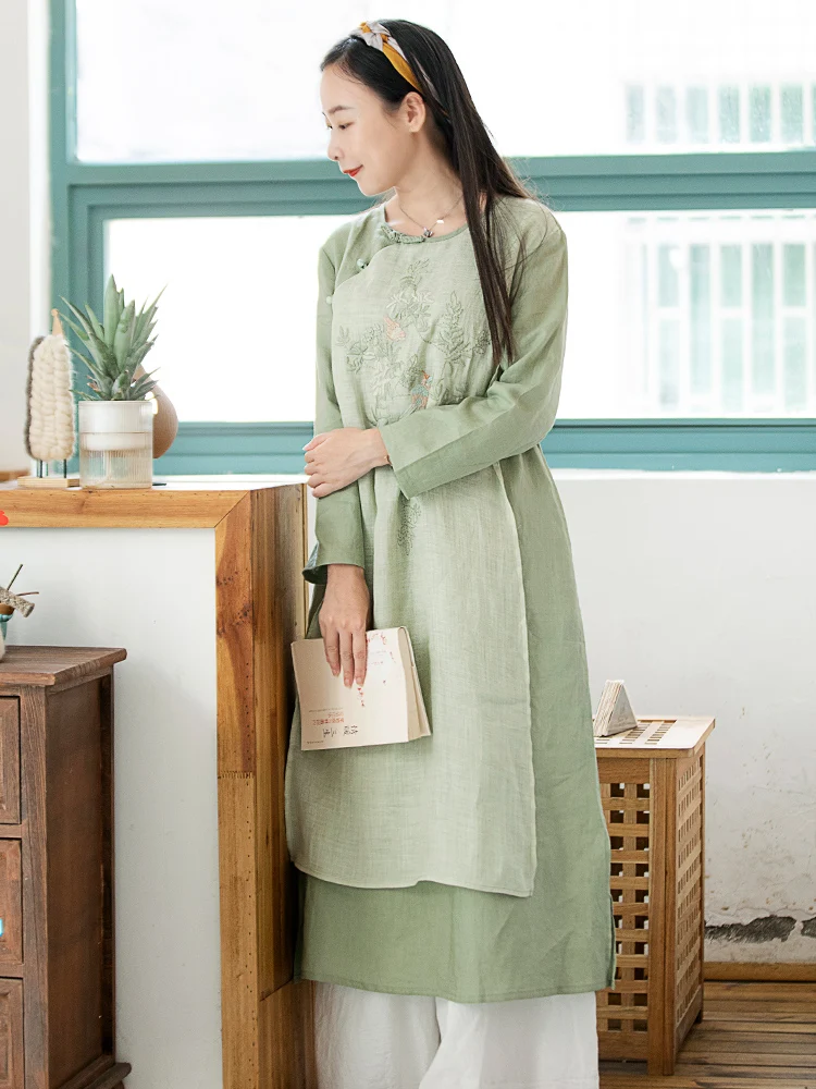 

Ретро-платье из чистого льна для женщин, весна-осень, новое, с китайской вышивкой, льняное, круглый вырез, элегантное, в стиле А-силуэт...