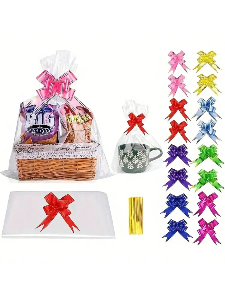50/100 Stück große Geschenktüte aus Zellophan mit bunter Schleife und Knick, Obstkorb-Verpackungsbeutel, Geburtstags-, Party-Geschenktüte