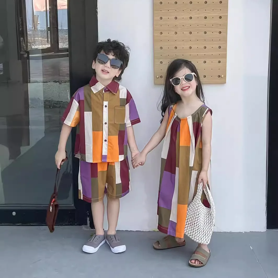 2025 Summer Brother and Sister Clothing Girls Loose Irregular Colorful Grid Tank Top Dress Boys Shirt Shorts Set