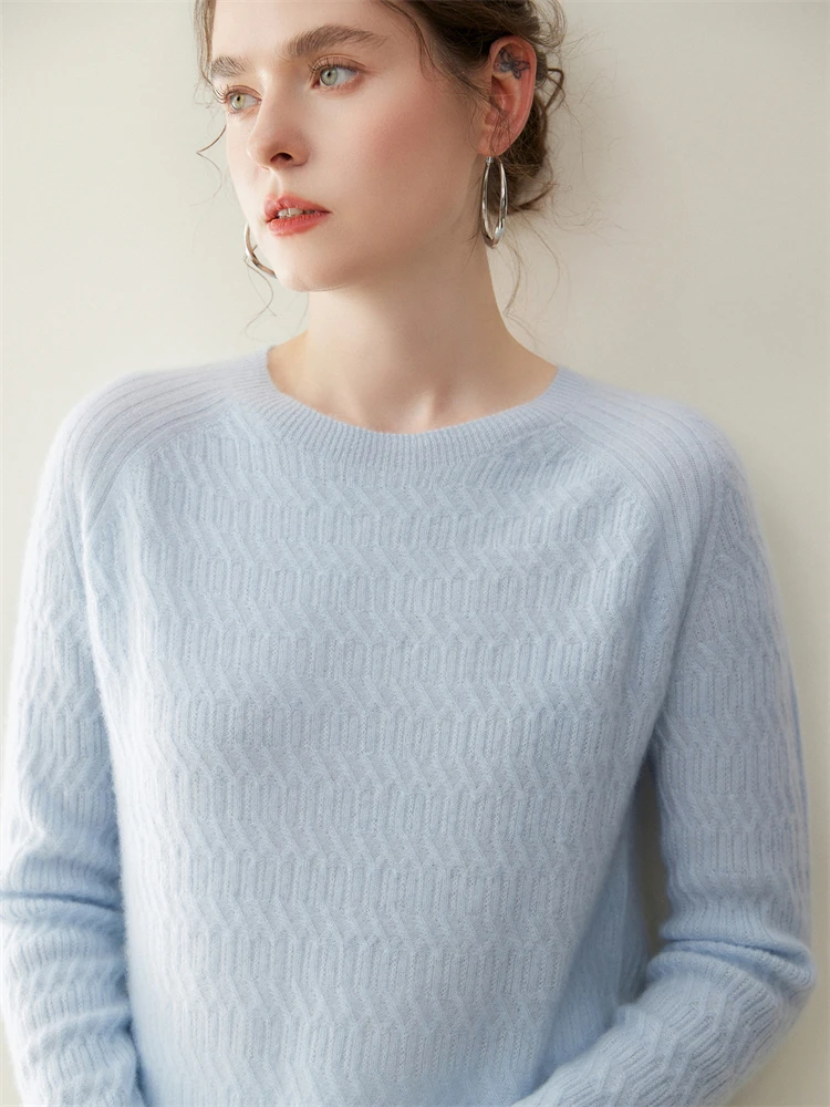 Nowy sweter damski ze 100% kaszmiru na rok 2025, okrągły dekolt, wzór w warkocze, swetry na wiosnę, jesień i zimę, dzianina z kaszmiru koziego, odzież, topy.
